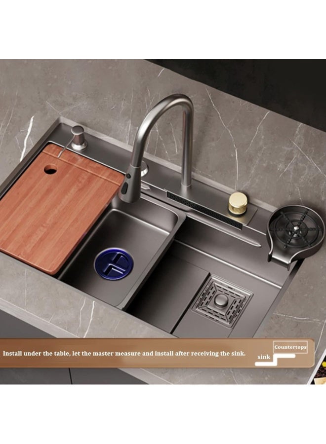 المفتاحة حوض مطبخ من الفولاذ المقاوم للصدأ 80×45 سم مع صنبور شلال - حوض مفرد مع غسالة أكواب وملحقات تركيب كاملة - تصميم عصري للتركيب السفلي/العلوي - Image 4